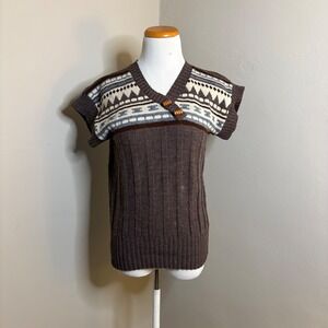 Vintage LEAP Women's Brown Fair Isle Knit V Neck‎ Sleeveless Sweater Vest